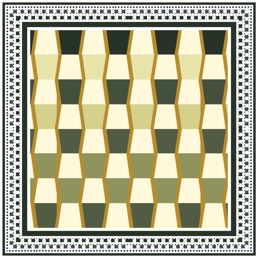 Repeating square print scarf pattern of beige and green cubes on a cream background, framed by a decorative border. vector