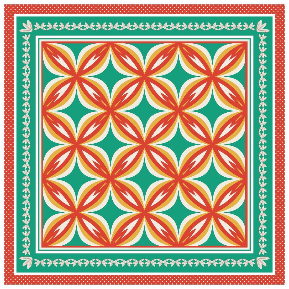 Geometric pattern with red, yellow, and green intertwined flower-like shapes on a teal background. vector