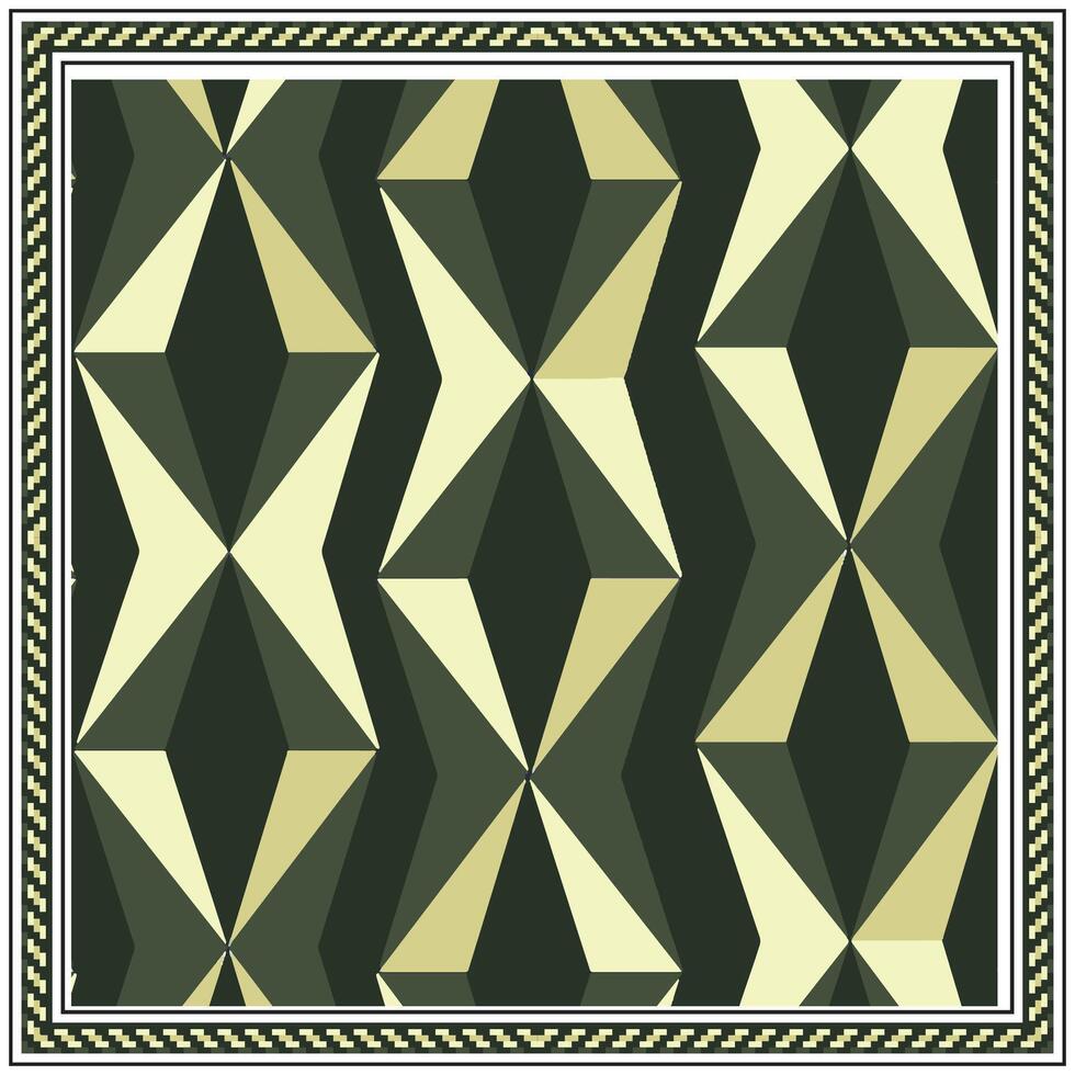 Square print scarf with Geometric border, pattern with dark and light green shapes creating a effect, framed by a decorative border. vector