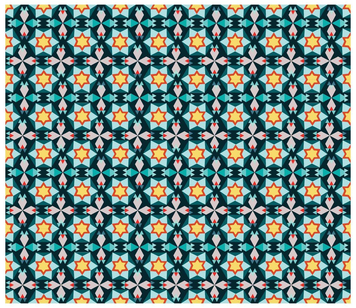 Colorful geometric print pattern in square shape with stars and abstract shapes, orange star in blue background. vector