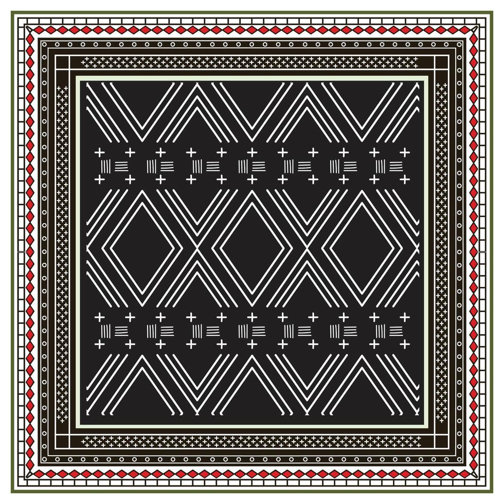 Geometric square print scarf pattern with diamonds and lines on black background, red and white border design. vector