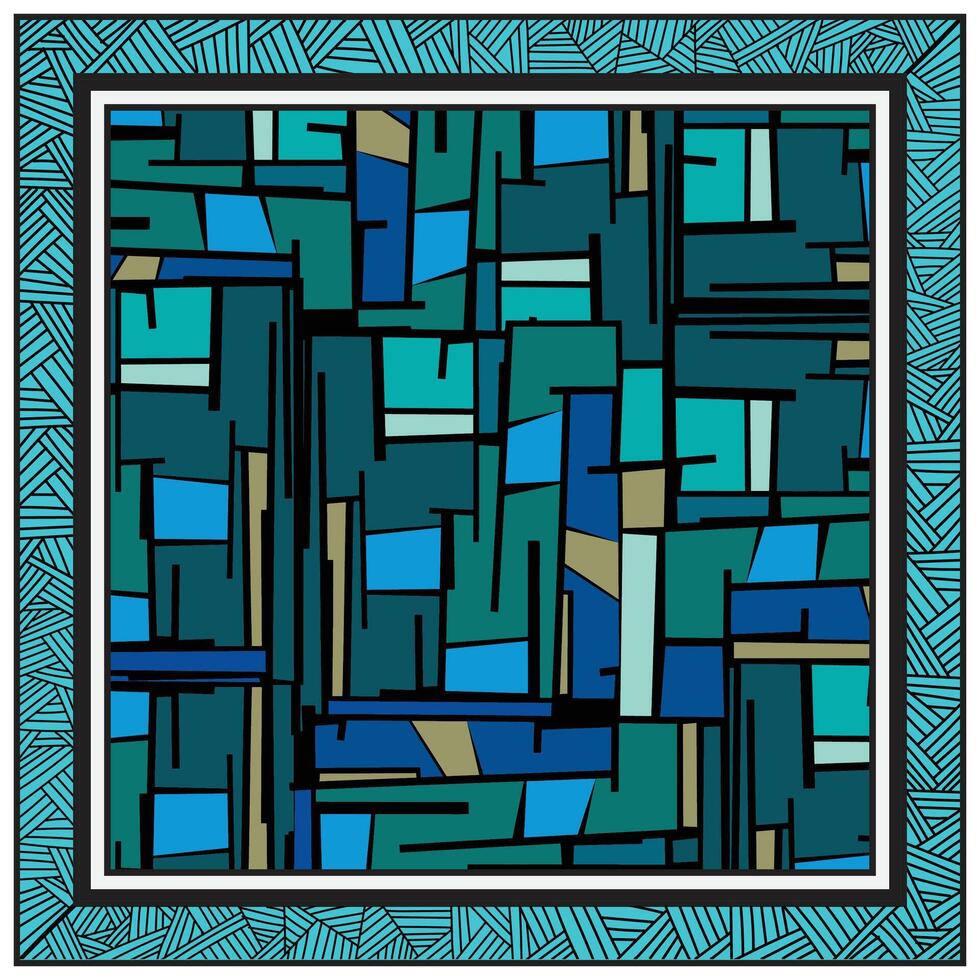 Abstract square scarf print, geometric pattern with overlapping rectangles in shades of blue and green, enclosed by a decorative frame. vector
