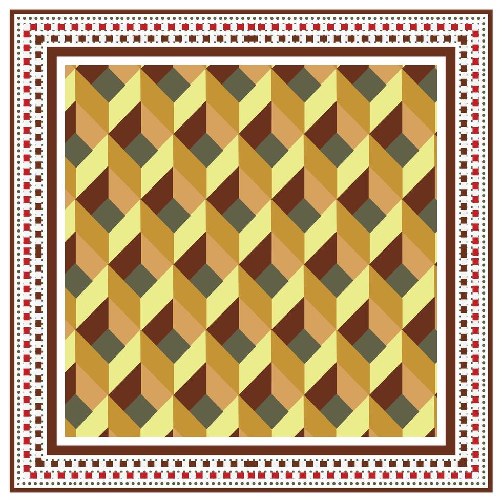 A colorful square scarf print in geometric pattern with a cube illusion, bordered by detailed frames. vector