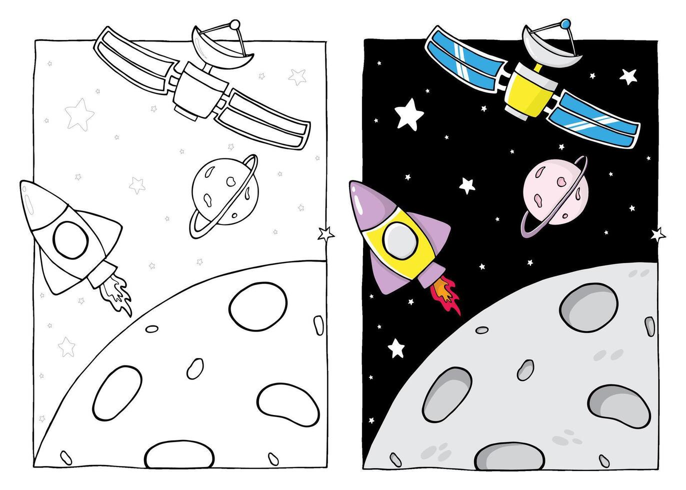 Coloring Page Illustration of Outer Space, Moon and Planet vector