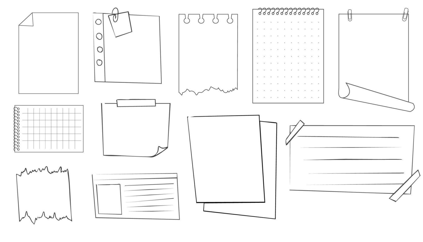 Memo sticky note reminder sheet paper. Doodle paper frame, check list with pin, tape, paperclip elements. Set cute notes, office or school messages. vector
