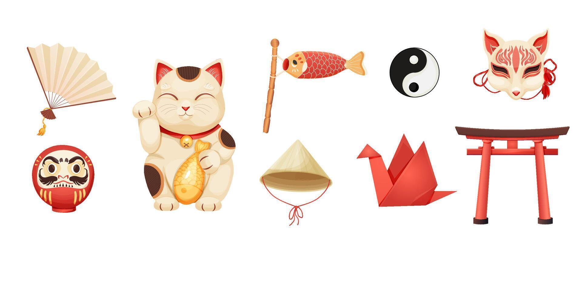 Japan set with traditional elements bonsai tree, koinobori flag, fun, maneki neko cat, origami crane and teapot with tea cups isolated on white background. vector