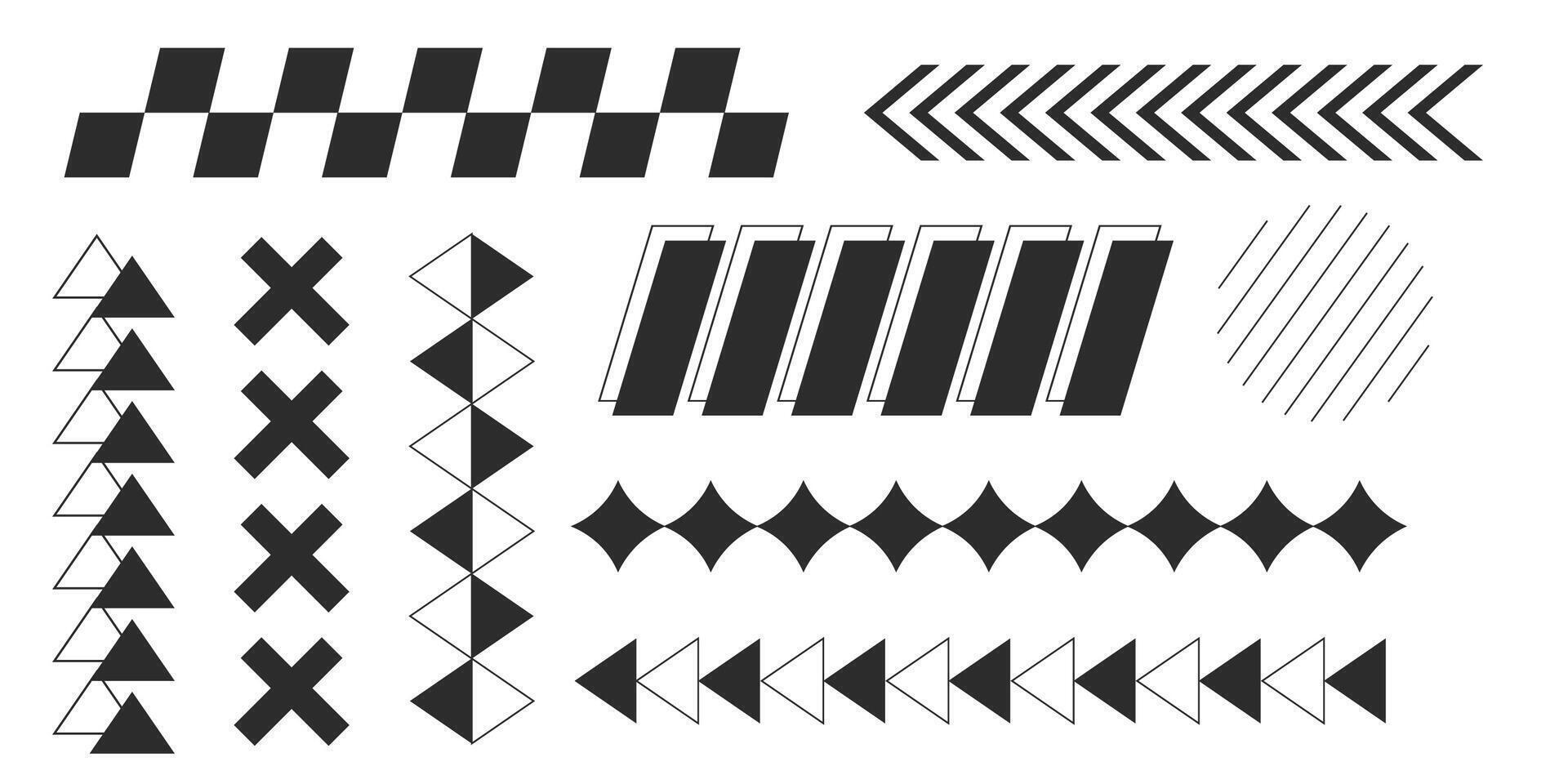 Y2k geometric elements border set, slash line, grid pattern. Groovy cyber retro design elements. vector