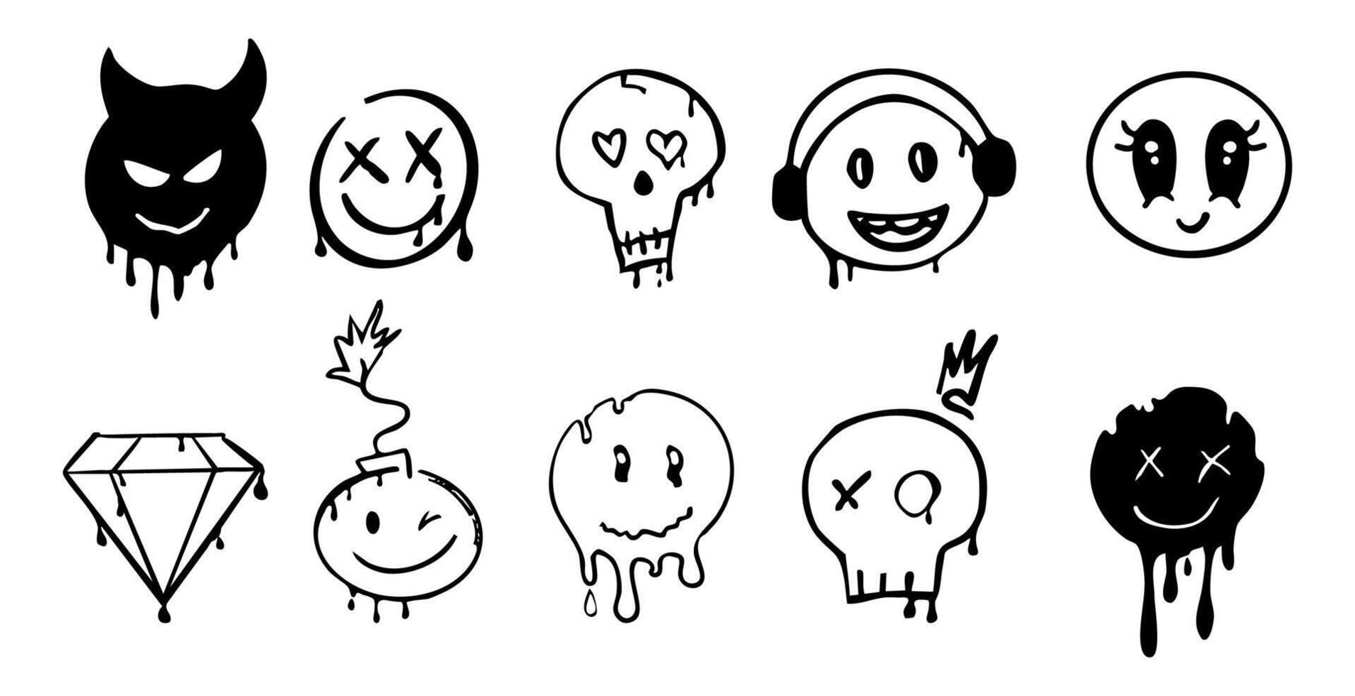 Graffiti Gangster tattoo elements, paint splash, spray. Heart face, skull set. Doodle gunge groovy print crown, cherry, scary kit,. vector