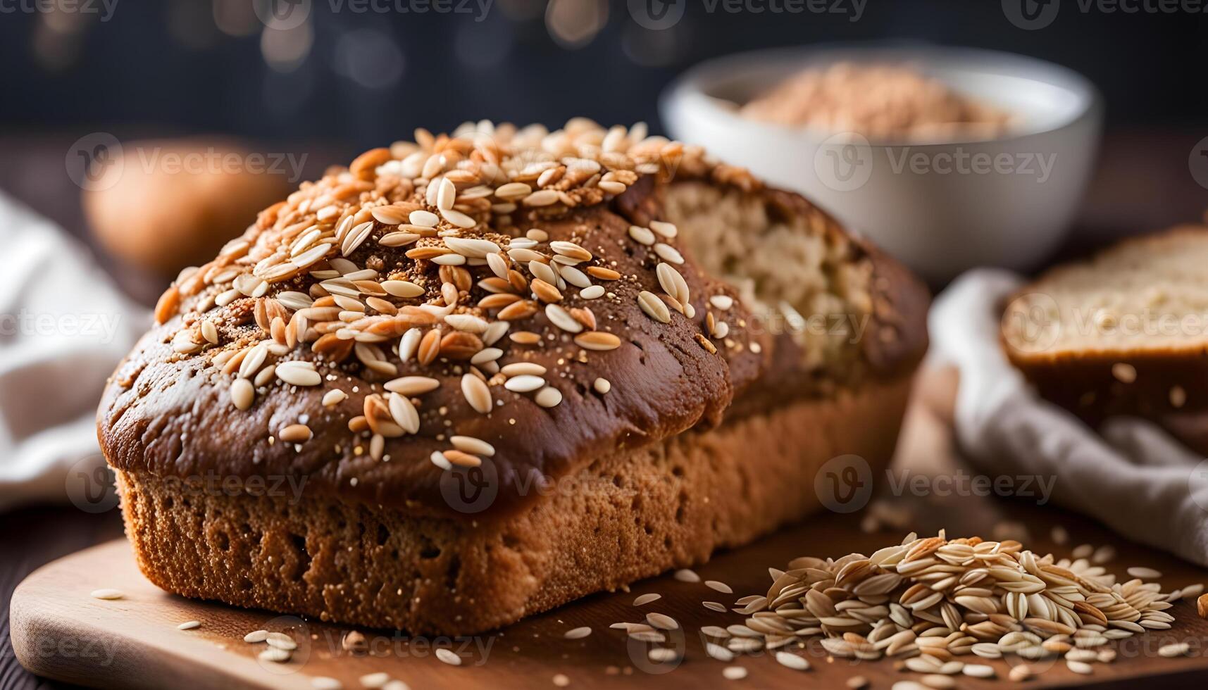 Homemade Whole Grain Bread Topped with Rolled Oats Amaranth and Flaxseeds photo