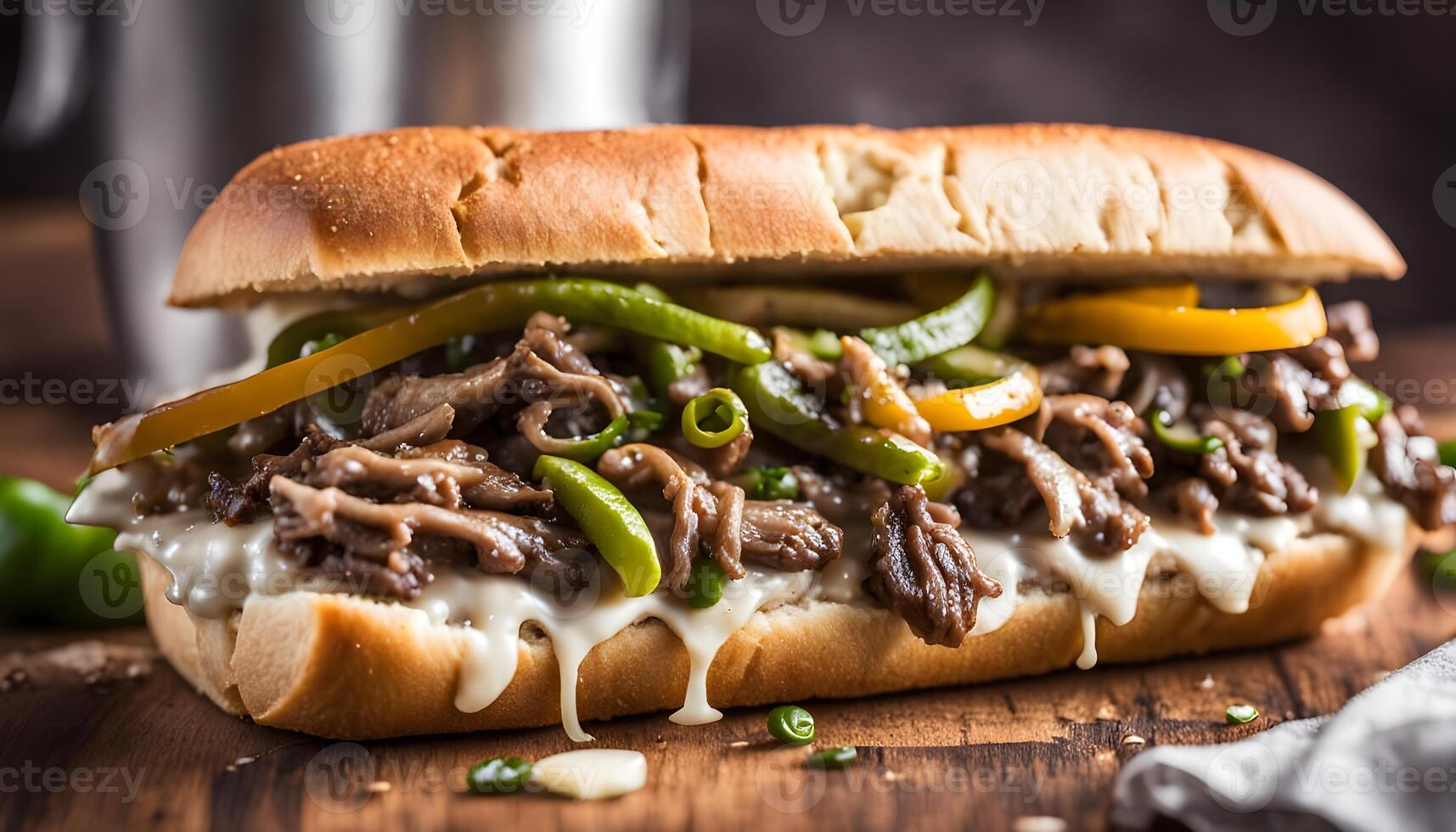 Philly cheesesteak sandwich with beef cheese green pepers and caramelized onion on wooden table.Traditional philadelphia sandwich photo