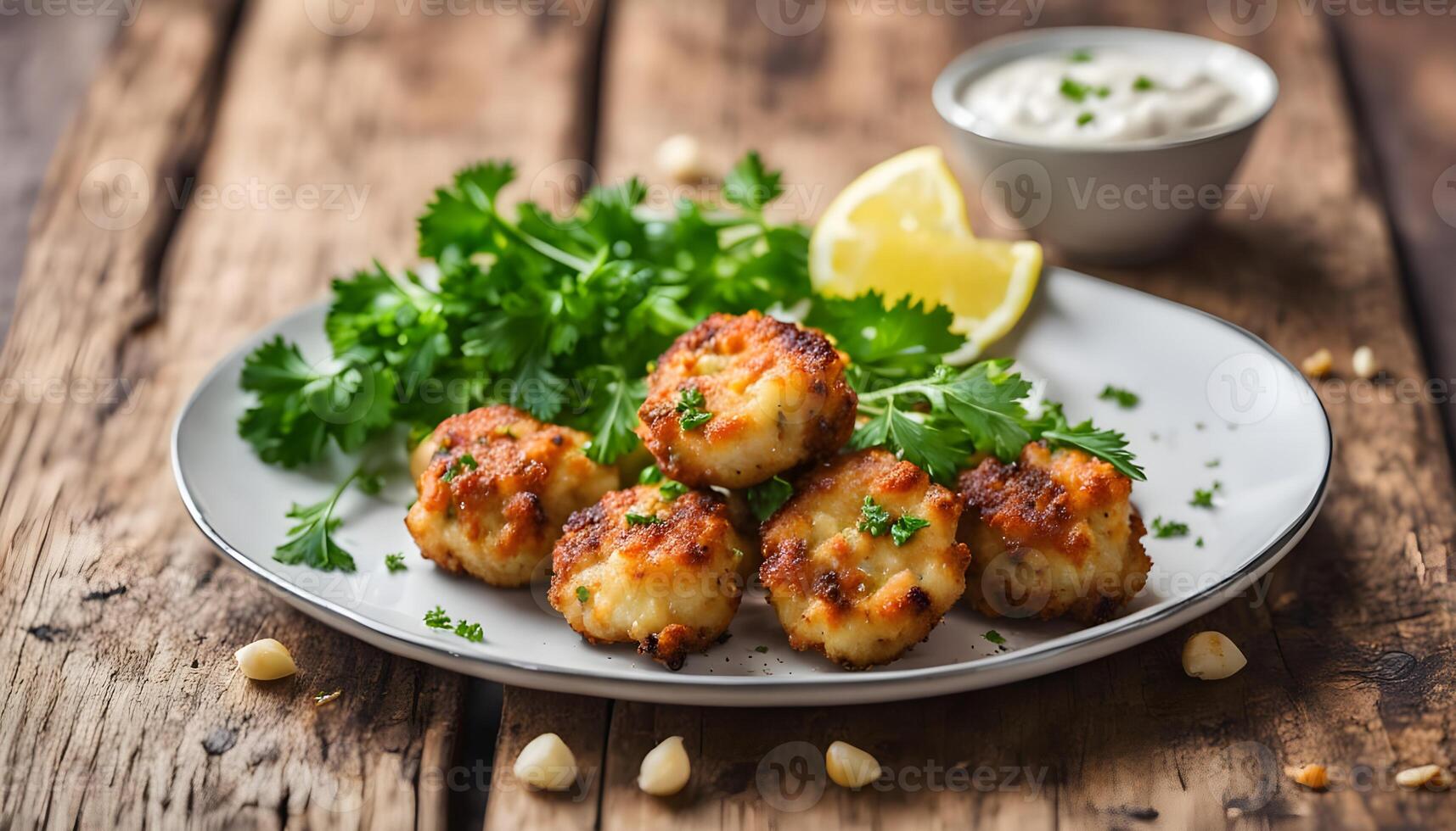 Traditional cod fritters with garlic and parsley on wooden table photo