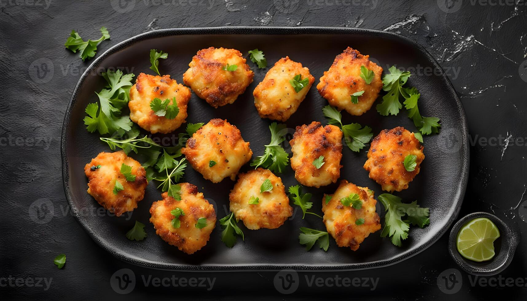 Cod fritters in bowl on black slate background. Top view photo