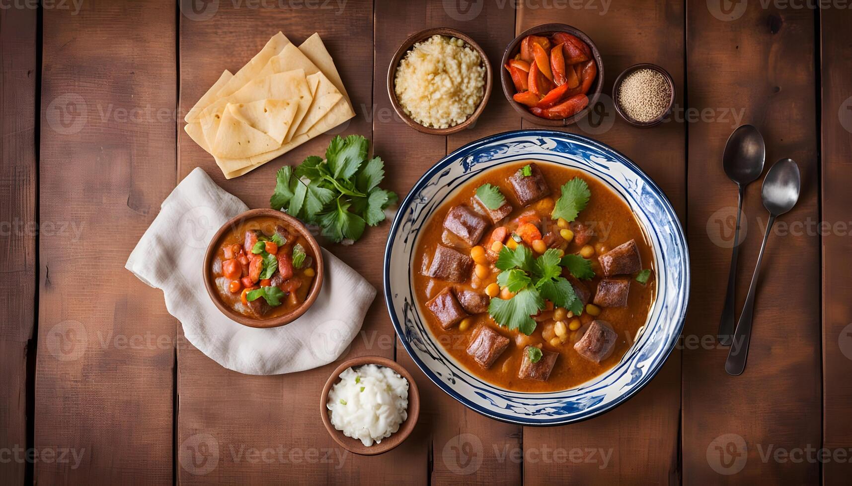 Traditional Peruvian papa a la huancaina on wooden table. Top view photo