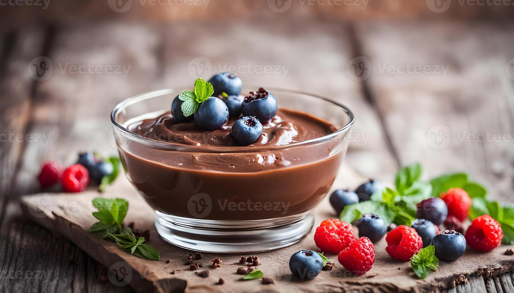 Chocolate pudding with berries and herbs vintage rustic food styled picture for your advertisement photo