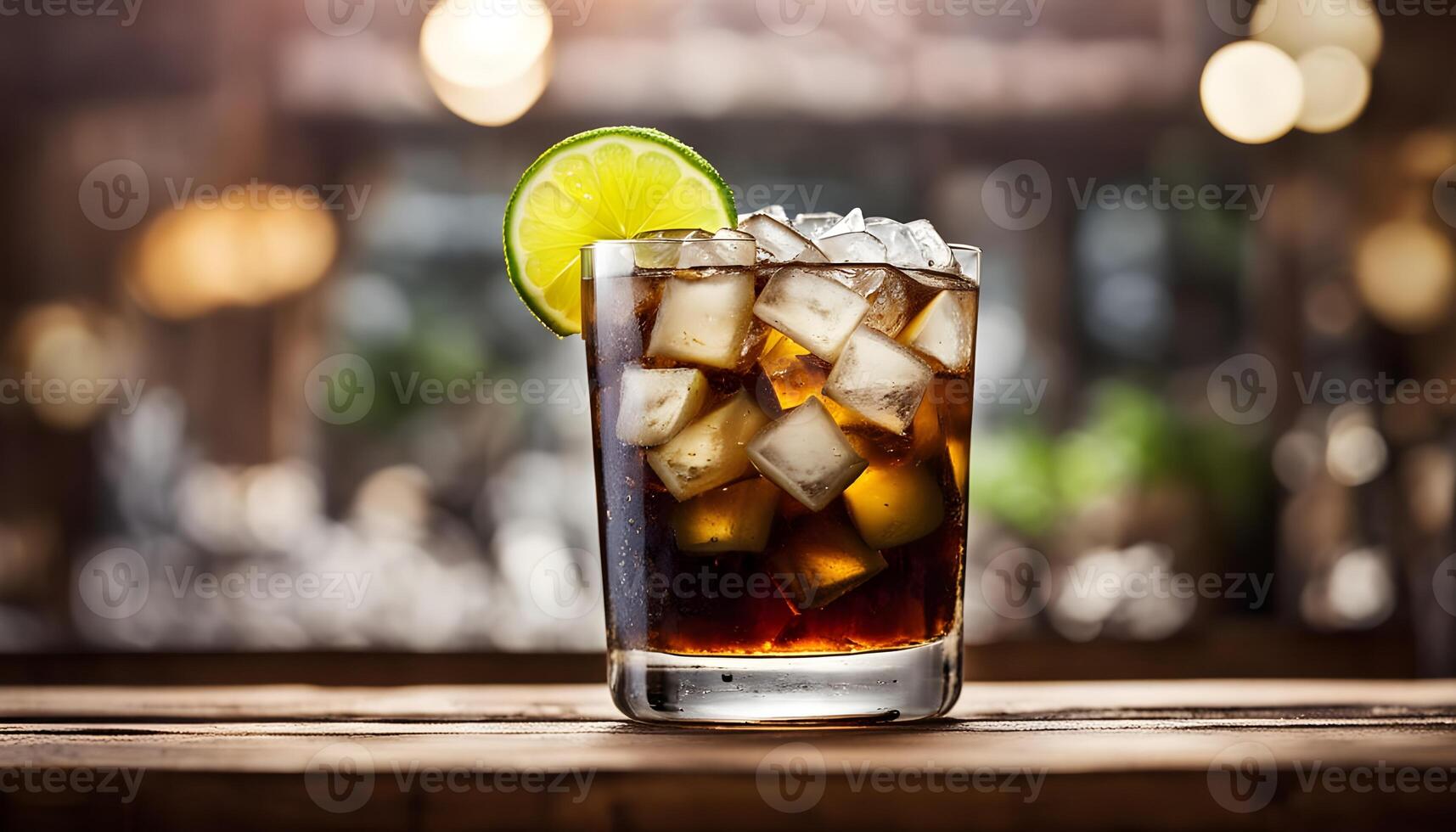 Cuba libre. Cocktail with rum lime and ice on wooden table photo