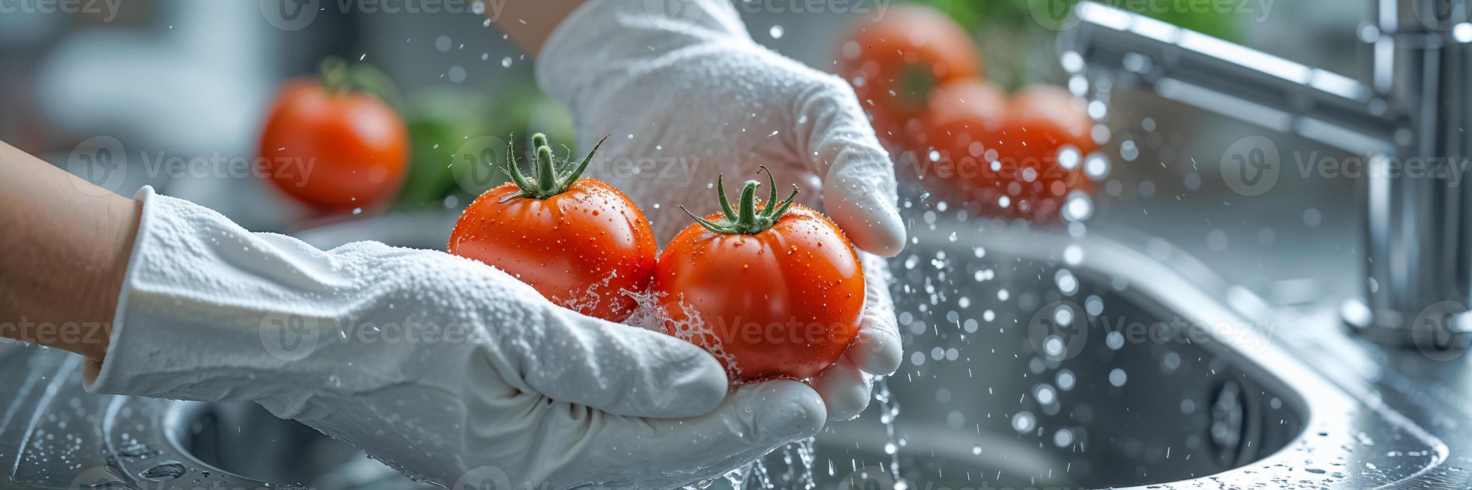 Close up of hands in rubber gloves washing fresh tomatoes with water in kitchen sink, hygiene concept photo