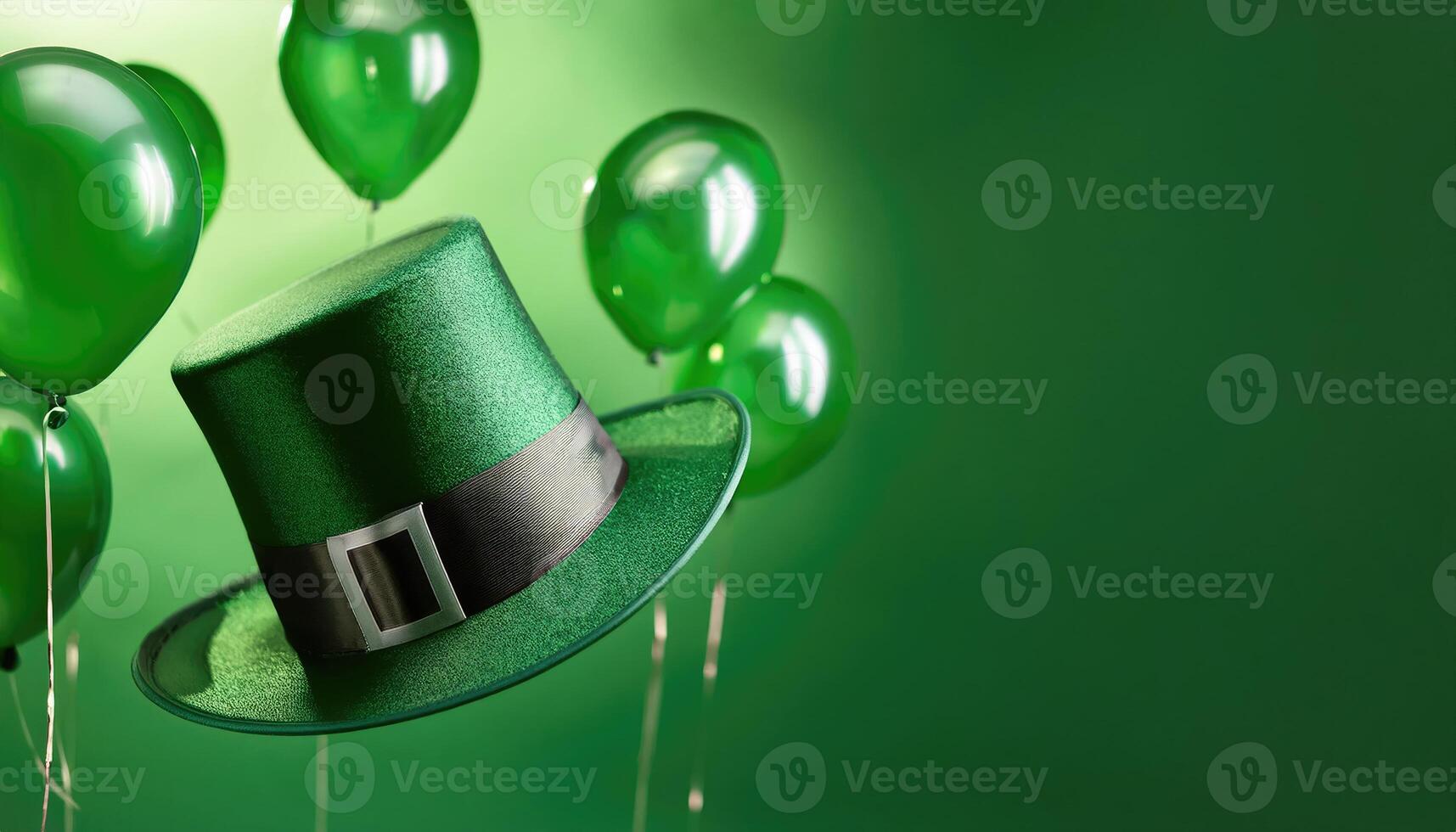 Leprechaun hat floats in the air by Green balloons isolated in the green photo