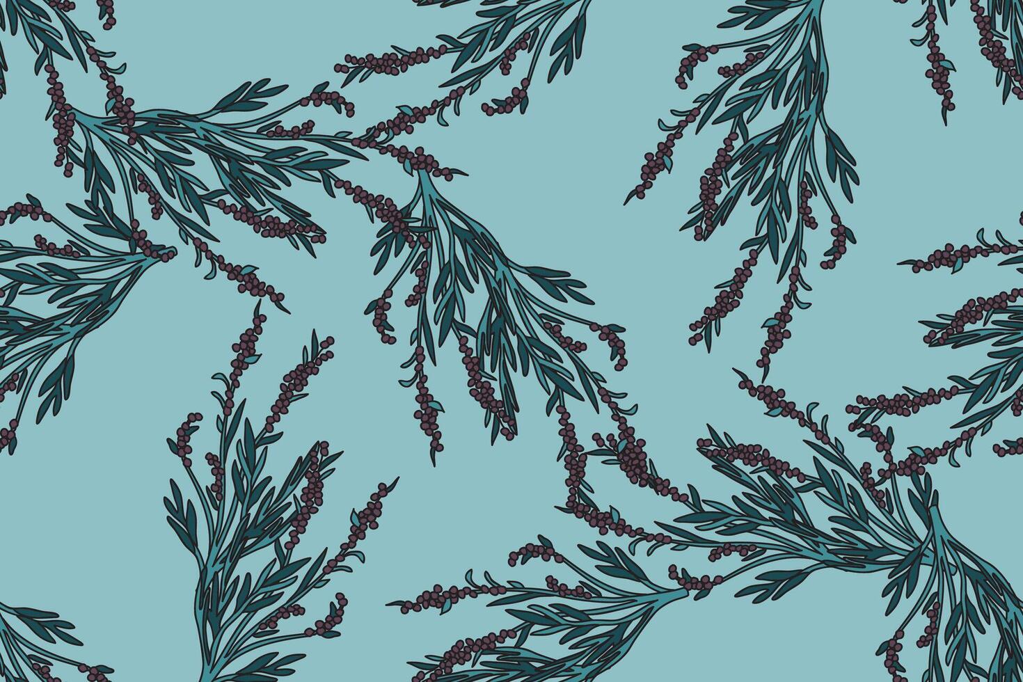 Botanical olive plant branches with leaves and berries abstract seamless pattern illustration. Repeating Olive tree in blue colors background. Graphic design for Wallpaper Print Cover Textile Card vector