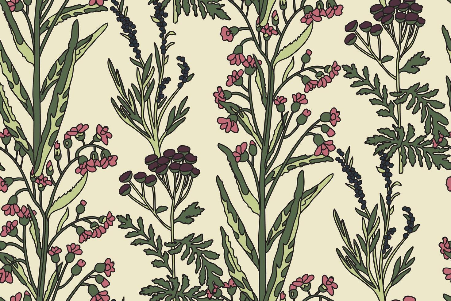 Botanical abstract seamless plant pattern with wildflowers illustration. Repeating retro floral print in beige pastel colors background. Graphic design for Wallpaper Textile Print Cover Card vector