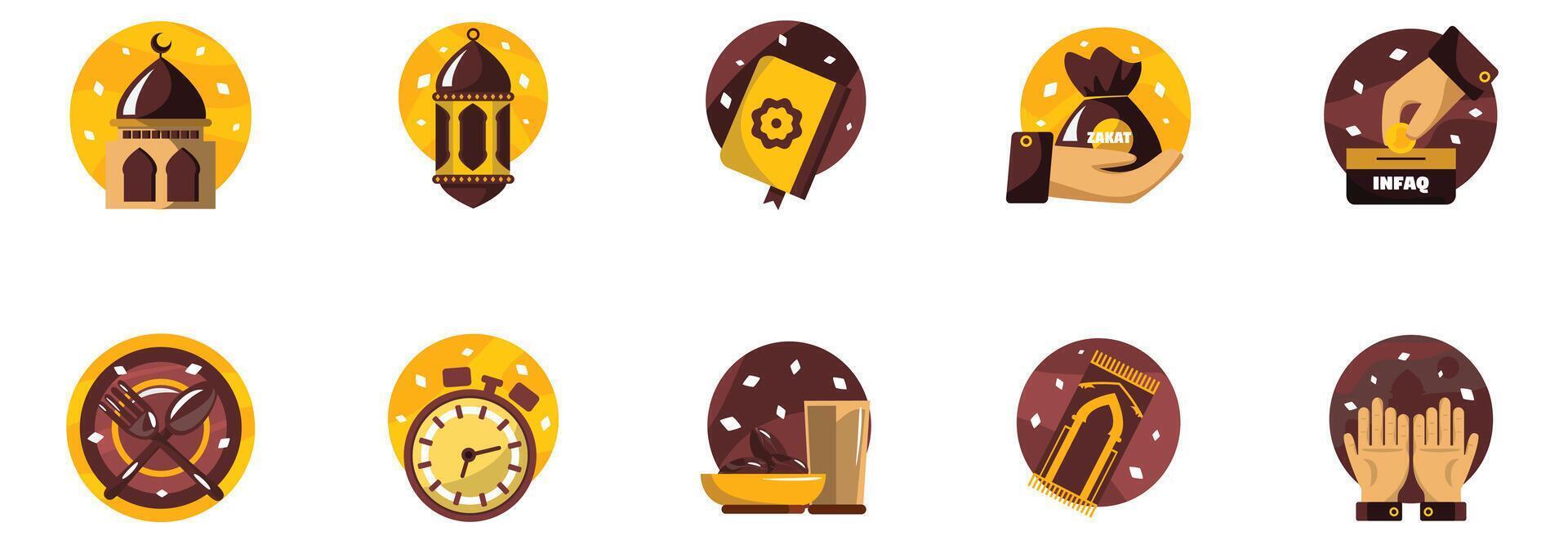 Elegant Islamic Ramadan Activity Icons Set With Futuristic Art Style vector