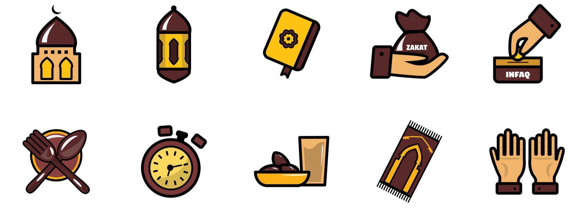 Elegant Islamic Ramadan Activity Icons Set With Filled Line Art Style vector