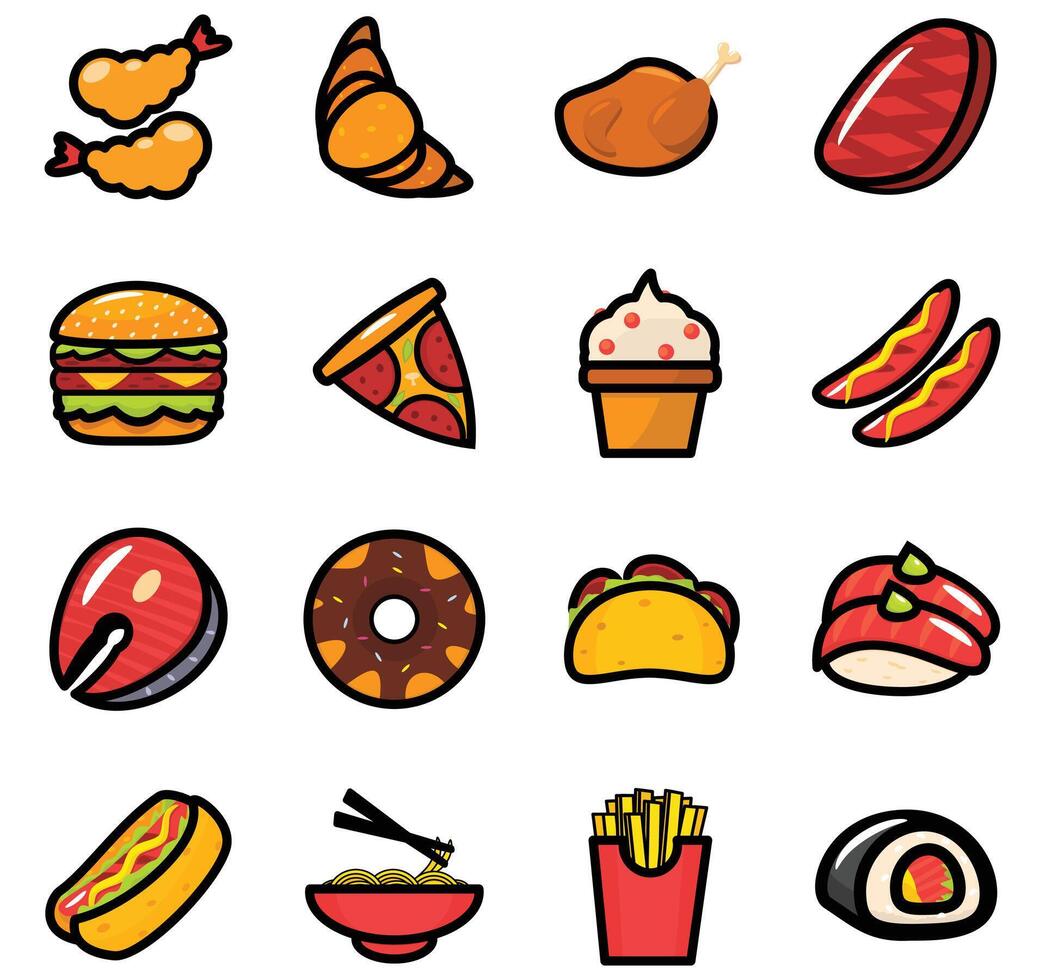 Colorful Japanese Fast Food With Filled Line Art Style Icons vector