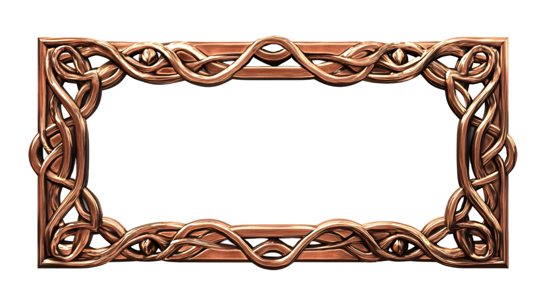 Ornate rectangular copper frame border with intricate Celtic knot patterns isolated on transparent background png