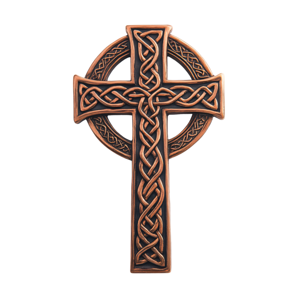 Ornate copper Celtic cross with intricate knot patterns isolated on transparent background png