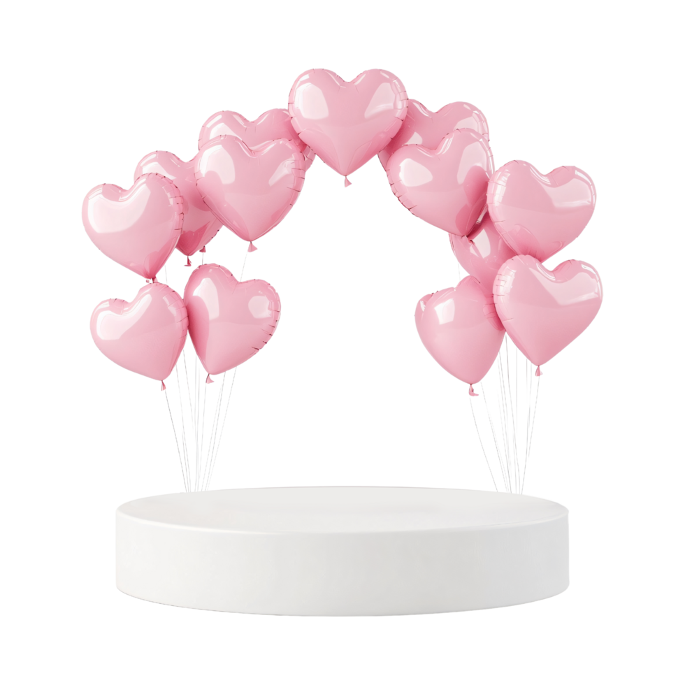 White podium with pink floating heart shaped valentines day balloons isolated on transparent background png
