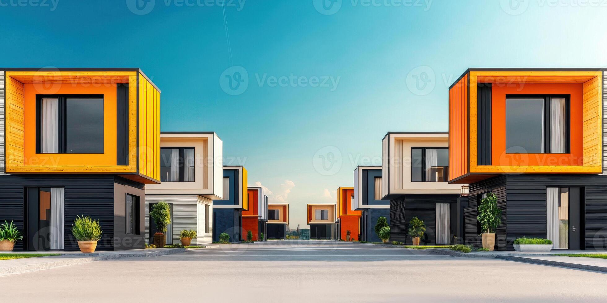 Modern modular homes with vibrant colors and sleek designs photo