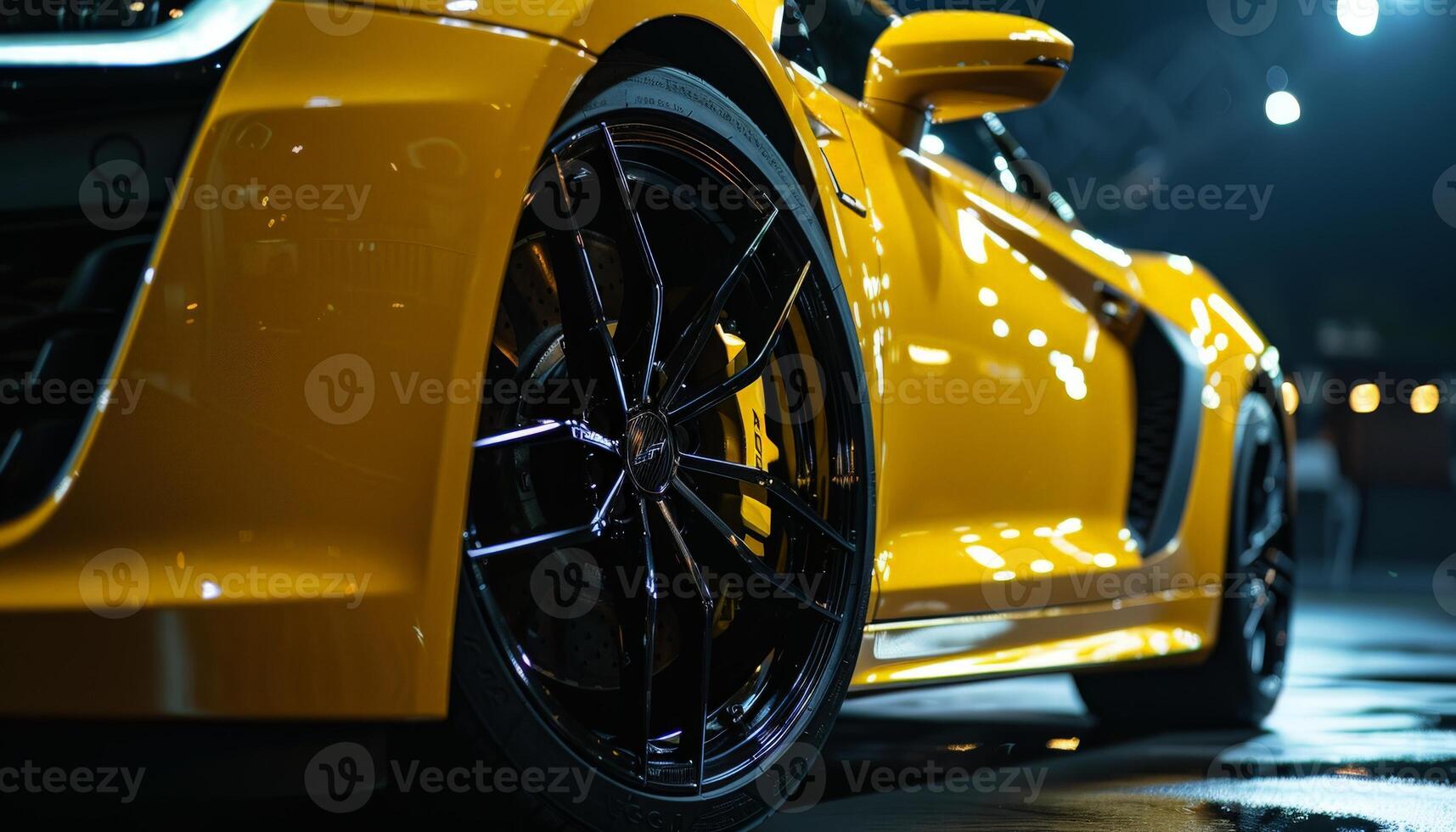 Yellow Sports Car with Black Wheels at Night photo