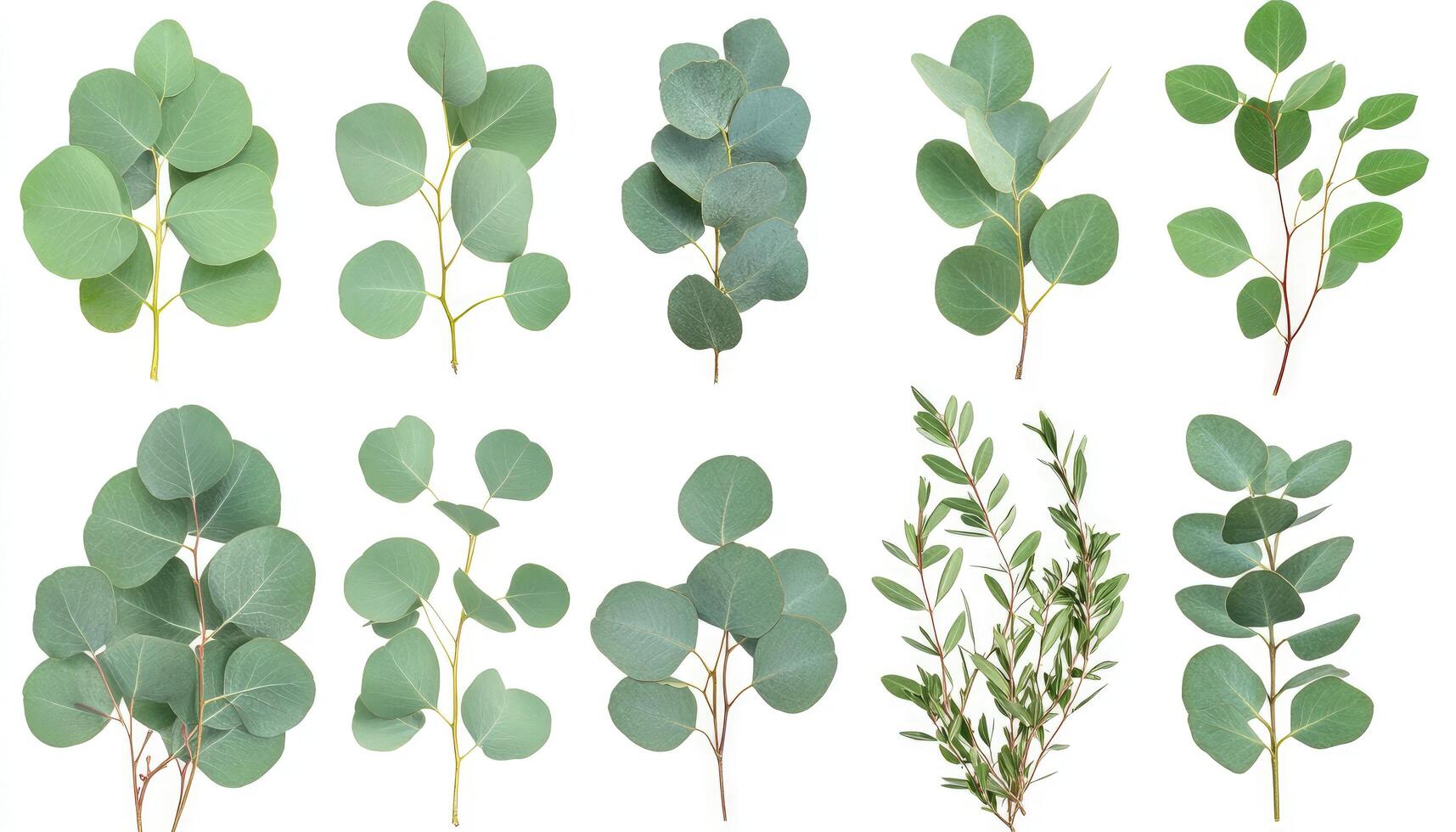 Collection of Eucalyptus Leaves and Greenery A Variety of Fresh Green Foliage Branches Isolated on White Background photo