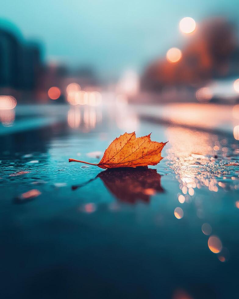 Solitary Autumn Leaf Reflecting in a City Puddle After Rain, Tranquil Urban Scene photo