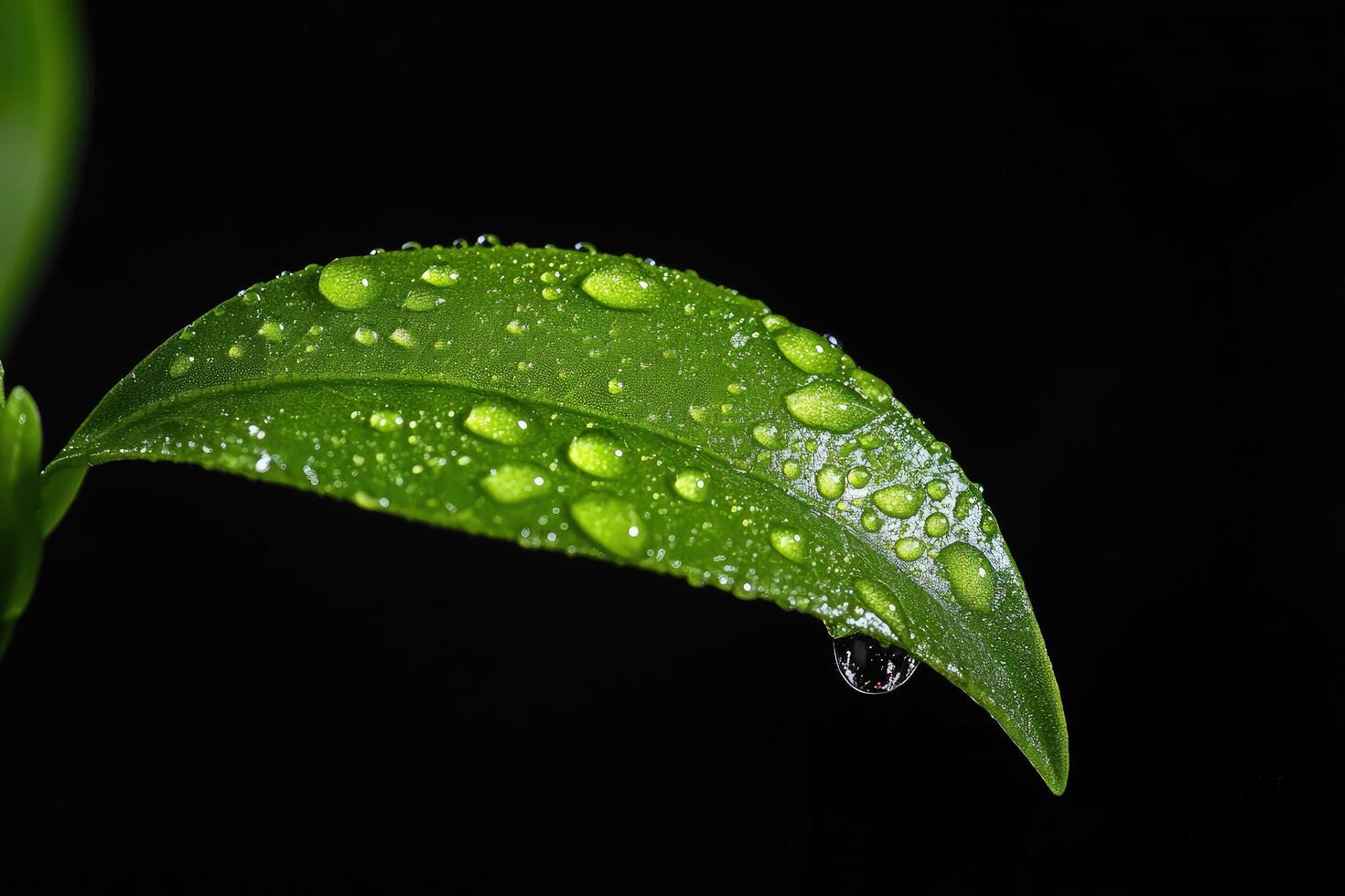 A Single Dew-Kissed Leaf Against a Black Background A Macro Photography Masterpiece photo