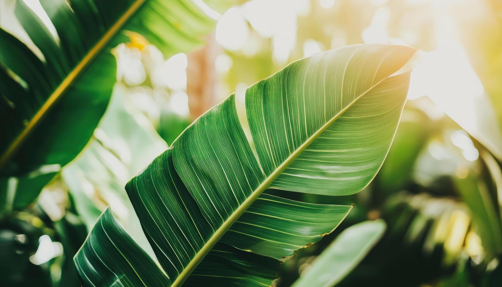 Vibrant Green Tropical Leaf Basking in Sunlight A Close-Up Botanical Image photo