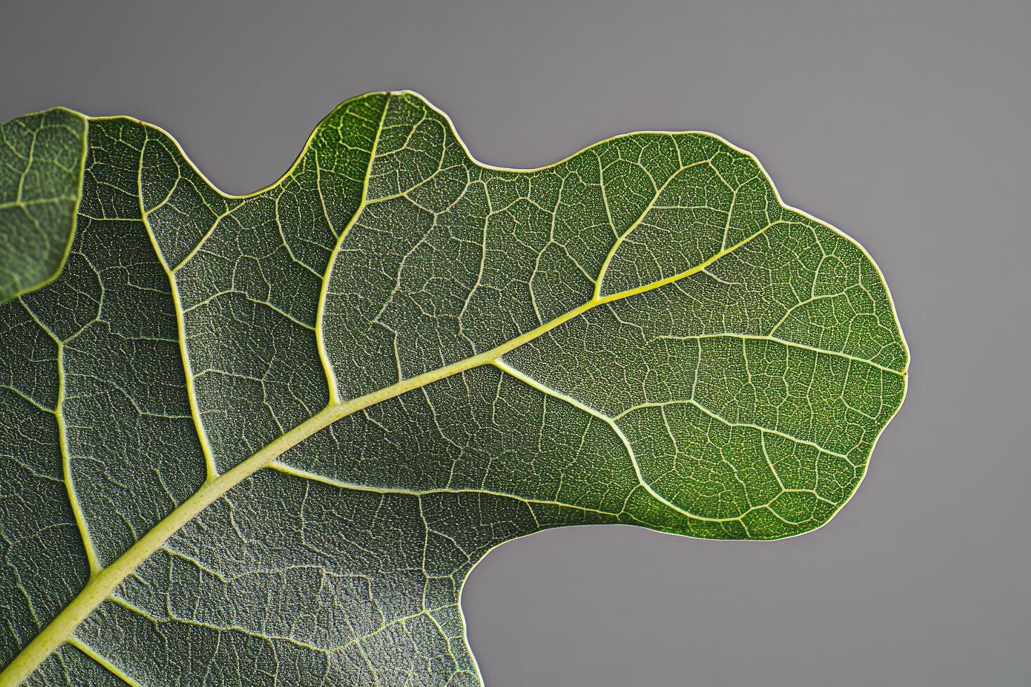 Magnificent Closeup of a Fiddle Leaf Fig Leaf, Intricate Veins and Texture, Green Hues Against Grey Background photo