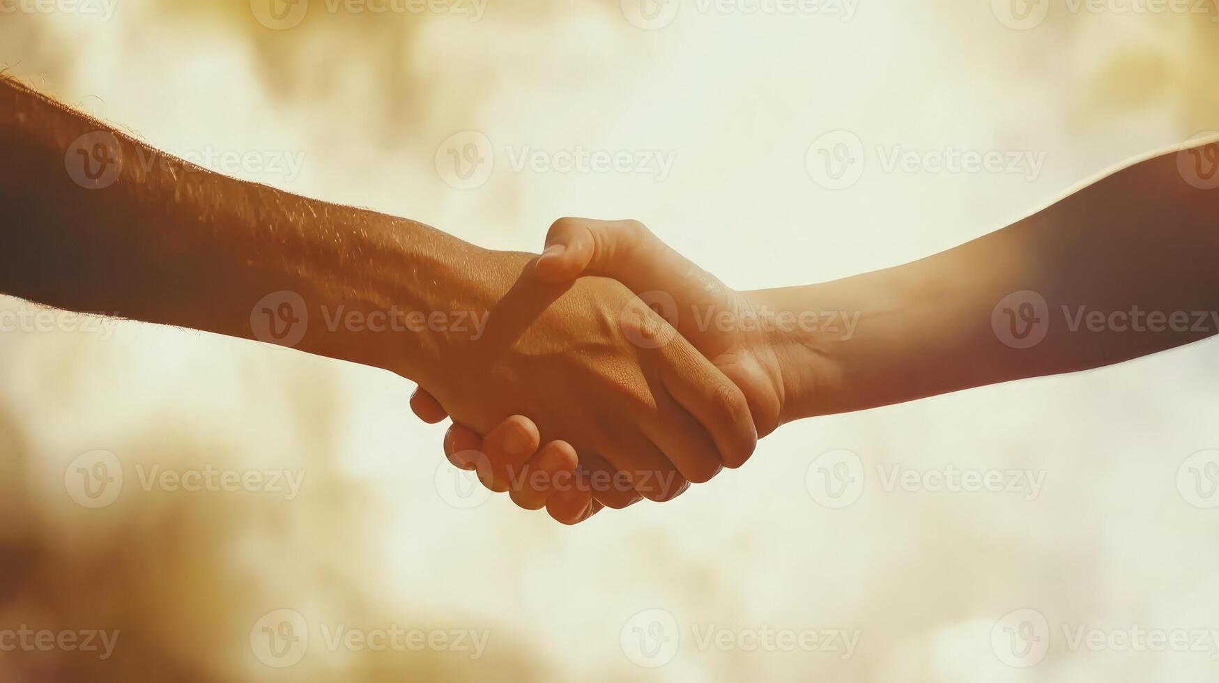 Two people shaking hands over a blurred background photo