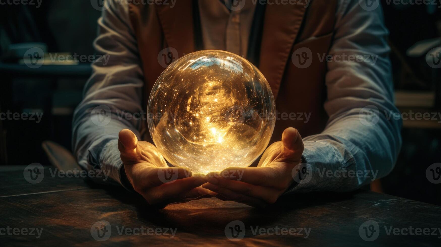 A man holding a glowing light bulb in his hands photo