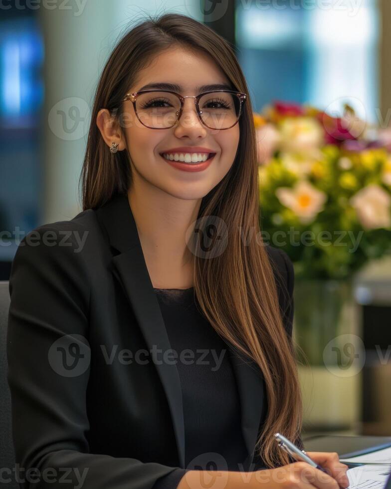 A woman in glasses is smiling while sitting at a desk photo