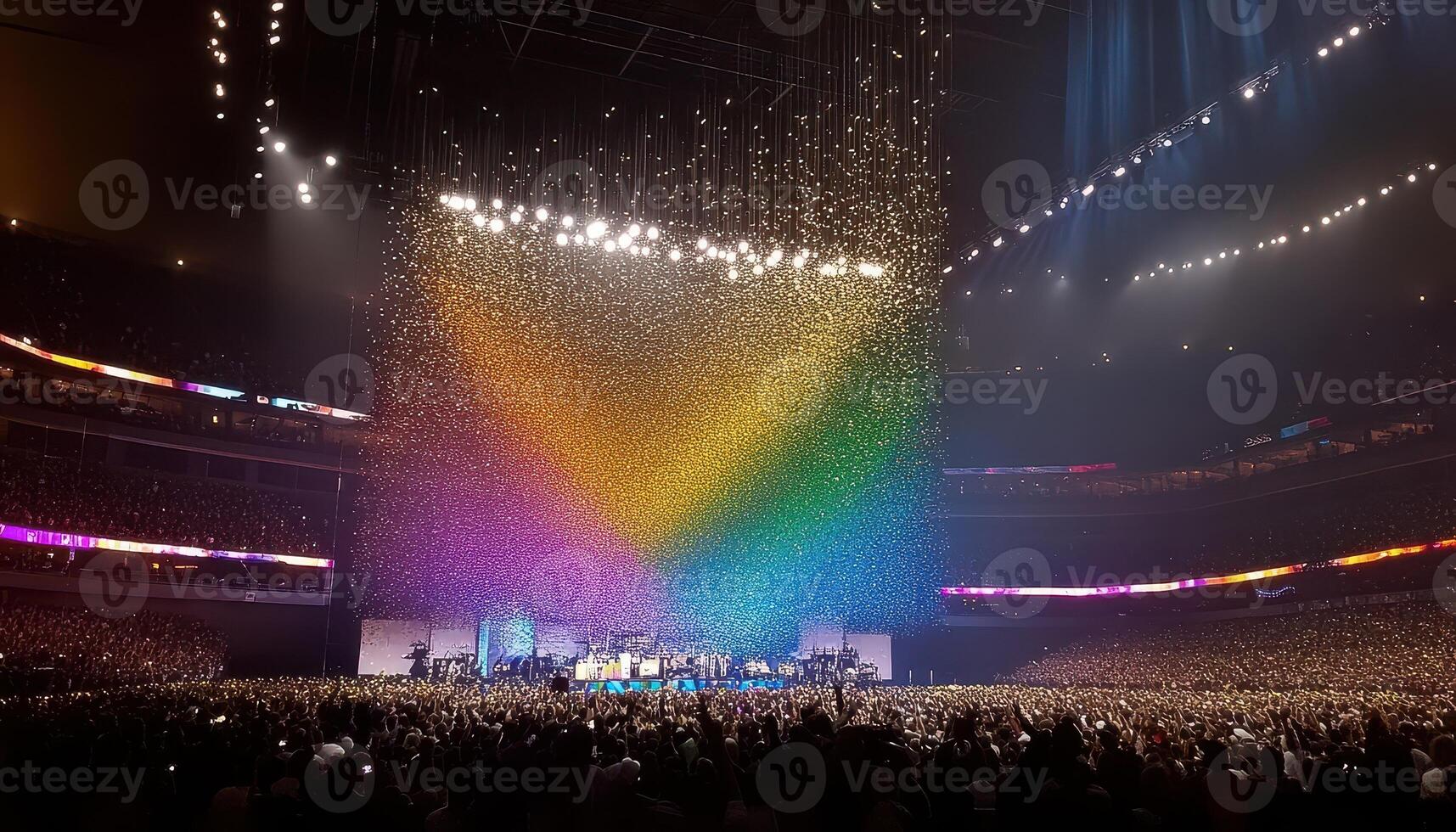 Spectacular Concert at Stadium Rainbow Confetti Shower Over Thrilled Crowd photo