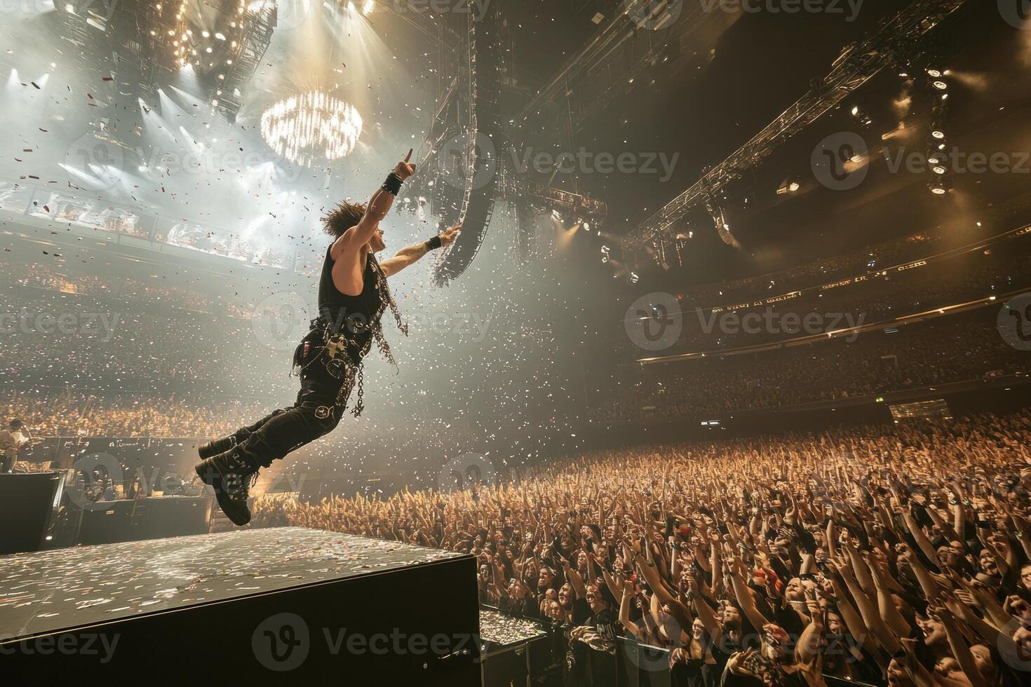 Epic Rock Concert Musician Soaring Above a Jubilant Crowd photo