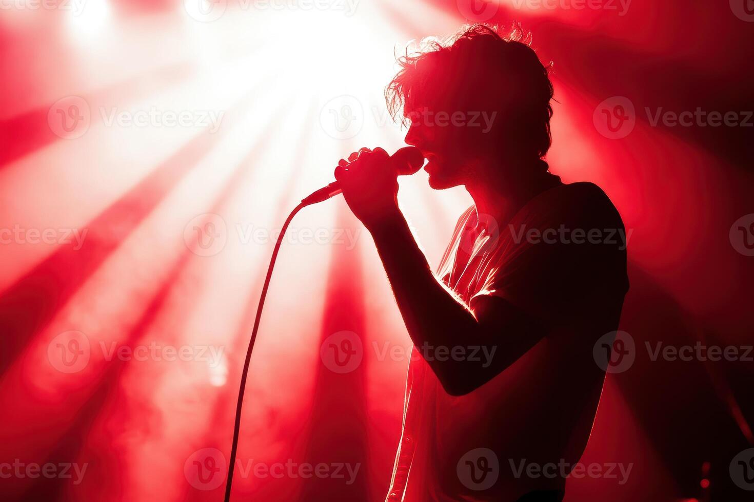 Red Stage Light Silhouette Singer Performing Live Concert, Dramatic Spotlight photo