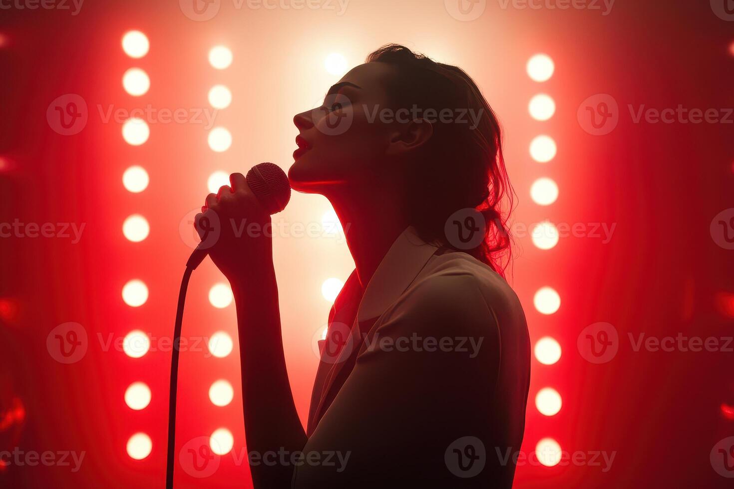Passionate Singer Silhouette on Stage, Red Lights Concert Performance, Dramatic Lighting, Powerful Vocal, Music Show, Female Artist photo
