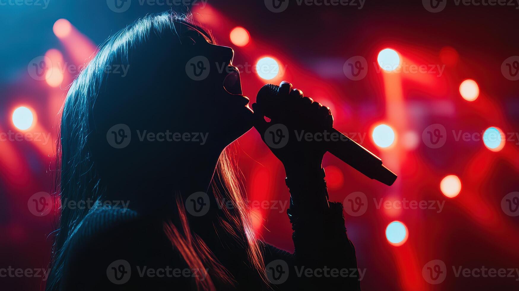 Passionate Female Singer Performing on Stage with Dramatic Red and Blue Lighting photo