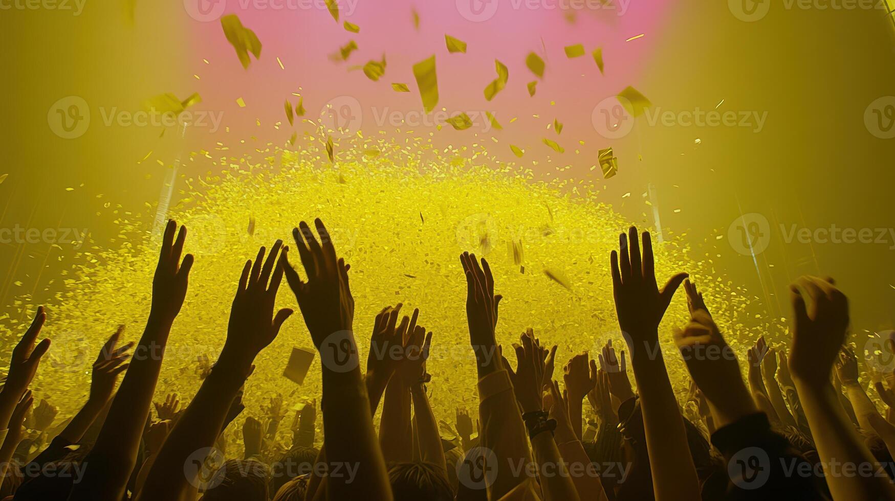 Euphoric Concert Crowd Yellow Confetti Raining Down on Cheering Fans at a Live Music Event photo