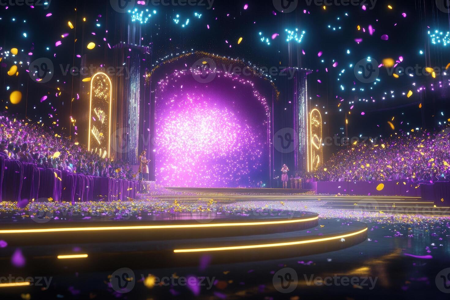 Spectacular Concert Stage Design Vibrant Lights, Confetti, and Energetic Atmosphere photo