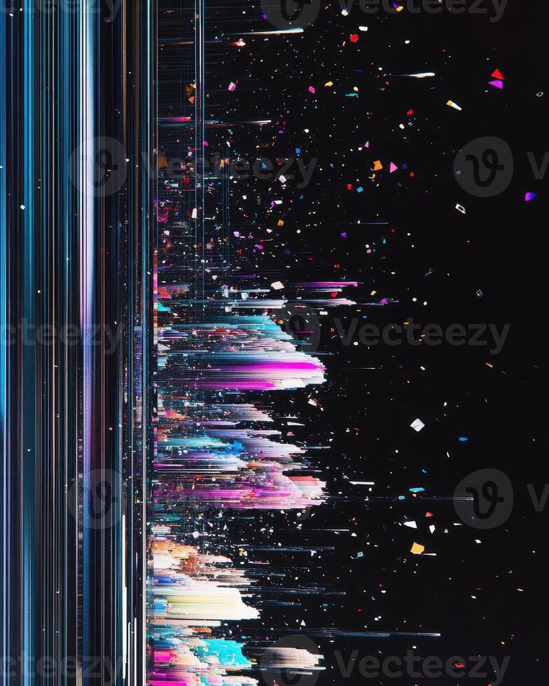 Abstract Glitch Art Digital Landscape Vibrant Hues and Light Streaks in Motion photo