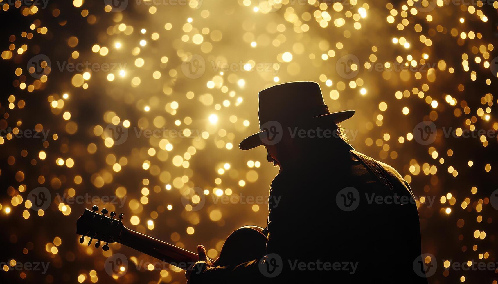 Silhouette of a Musician Playing Guitar Against a Sparkling Golden Background A Captivating Concert Moment photo