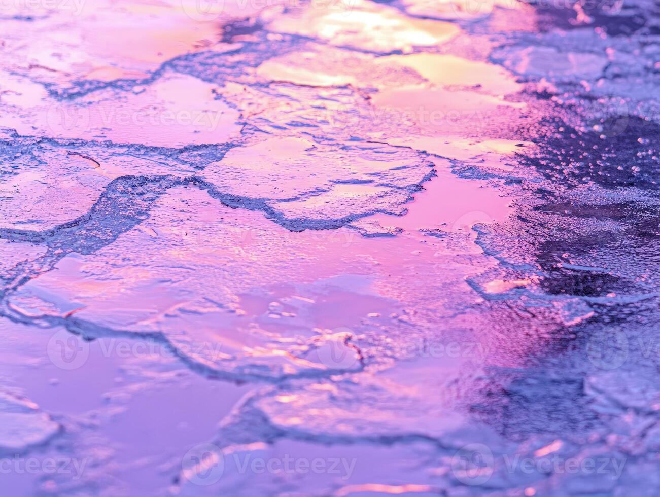 A close up of ice on the ground at sunset photo