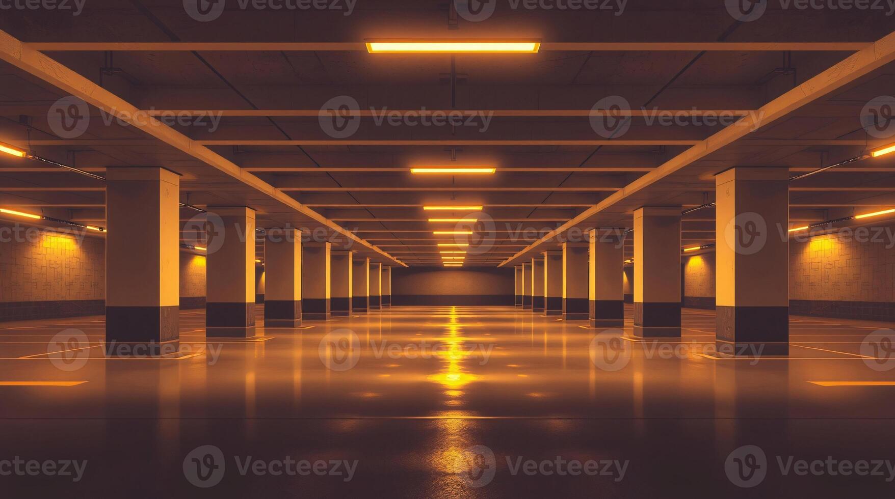 Spacious underground parking garage with sturdy concrete pillars and bright fluorescent lighting, emphasizing its functional and minimalist design photo